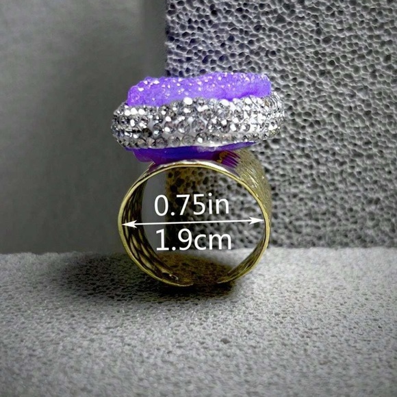 Lavender Crystal Geode Rhinestone Inlay, Gold Wide Band Design, Adjustable Ring - Picture 5 of 11